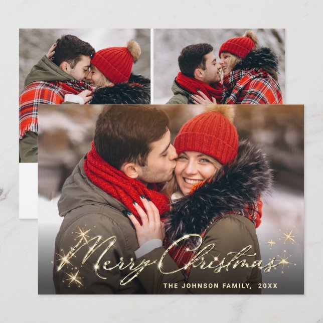 3 PHOTO Modern Golden Christmas Greeting Holiday Card (Front/Back)