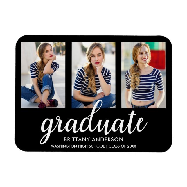 3 Photo Modern Graduation Announcement BW Magnet (Horizontal)