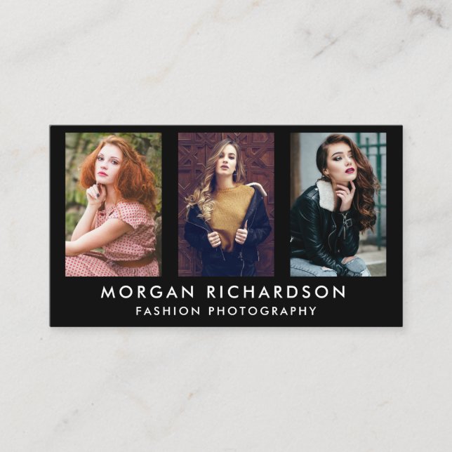3 Photo Modern Photographer Blk Business Card (Front)