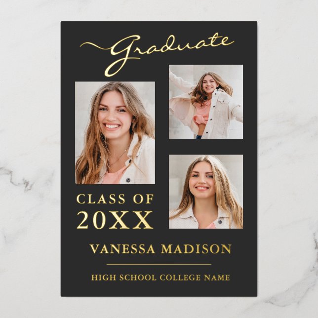 3 Photo Modern Script Grey Grad Announcement (Front)