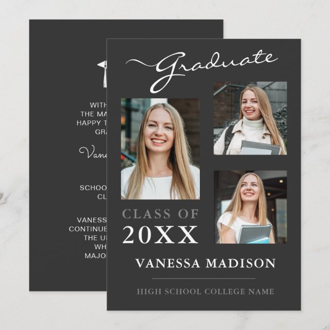 3 photo Modern Script Platinum Grey Graduation Announcement (Front/Back)