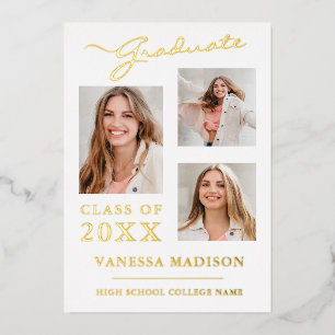 3 Photo Modern Script White Gold Grad Announcement