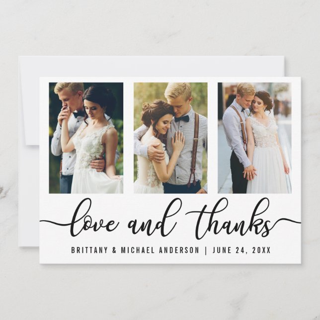 3 Photo Modern Wedding Love and Thanks Thank You Card (Front)