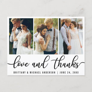 3 Photo Modern Wedding Love Thanks Black Script Postcard