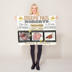 3 Photo Movie Star Film Reel Silver Bokeh and Gold Fleece Blanket