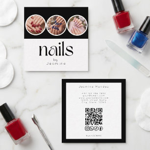 3 Photo Nails QR Code Socials Black And White Square Business Card
