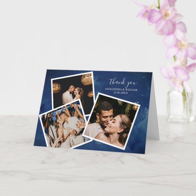 3 Photo Navy Blue Watercolor Wedding Thank you Card (Orchid)