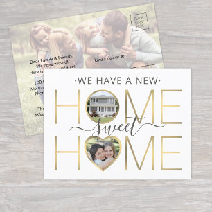 3 Photo New Home Sweet Home Modern White Gold Grey Announcement Postcard