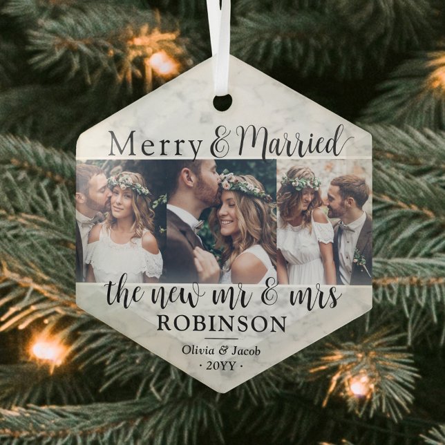 3 Photo Newlyweds Merry & Married Faux Marble Glass Ornament (Creator Uploaded)