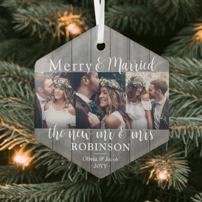 3 Photo Newlyweds Merry & Married Grey Faux Wood Glass Ornament (Creator Uploaded)