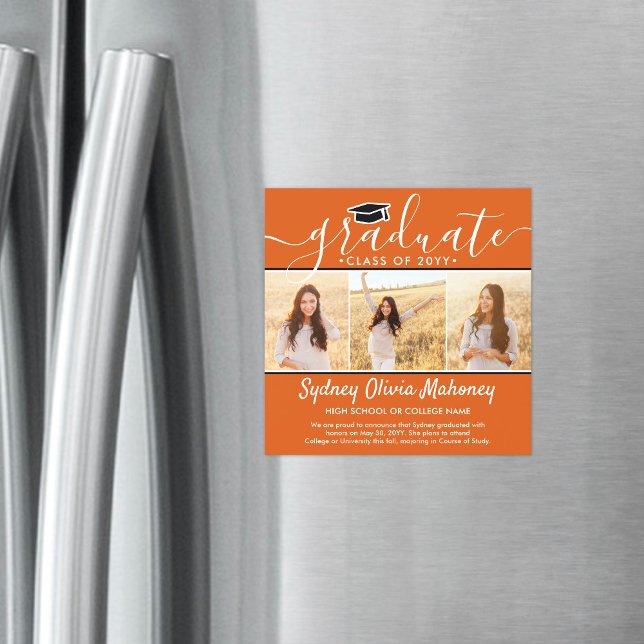 3 Photo Orange Magnetic Graduation Announcement (Creator Uploaded)