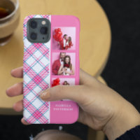 3 Photo Preppy Pink Plaid Modern Girly Custom Name