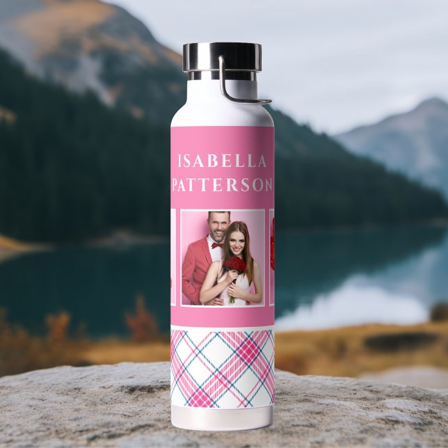 3 Photo Preppy Pink Plaid Modern Girly Custom Name Water Bottle (Creator Uploaded)