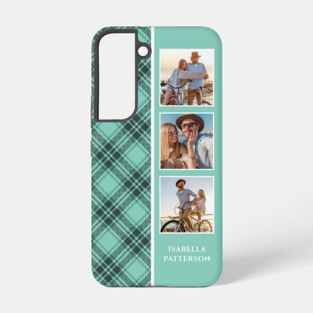 3 Photo Preppy Plaid Modern Girly Custom Name Samsung Galaxy S22 Case (Back)