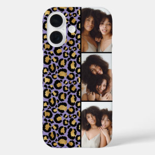 3 Photo Purple And Gold Leopard Print iPhone 16 Case