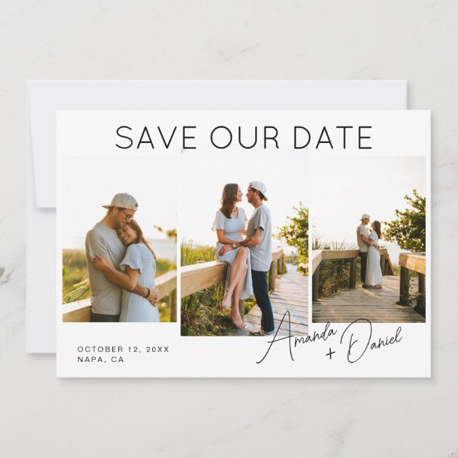3 Photo QR Code Wedding Save the Date Card (Front)
