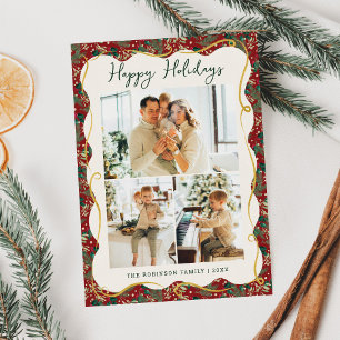 3 Photo Red Gold Wavy Frame Botanical Christmas  Holiday Card