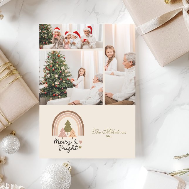 3 Photo Retro Rainbow Merry & Bright  Holiday Card (Creator Uploaded)