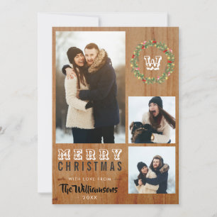3 Photo Rustic Wood Christmas Holiday Greeting Card