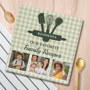 3 Photo Sage Green Gingham Family Recipe Cookbook Binder