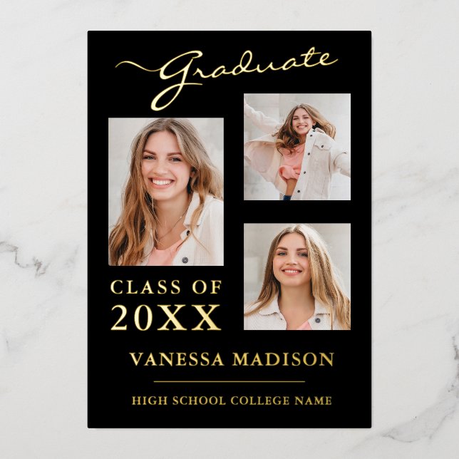 3 Photo Script moderne Black Gold Grad Faire-part (Recto)