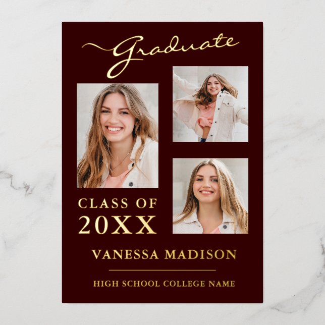 3 Photo Script moderne Bourgogne Grad Faire-part (Recto)