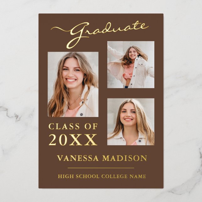 3 Photo Script moderne Tan Brown Grad Faire-part (Recto)