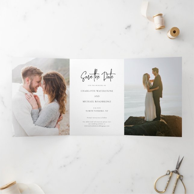 3 Photo Script Wedding Save the Date Tri-Fold Announcement (Inside)