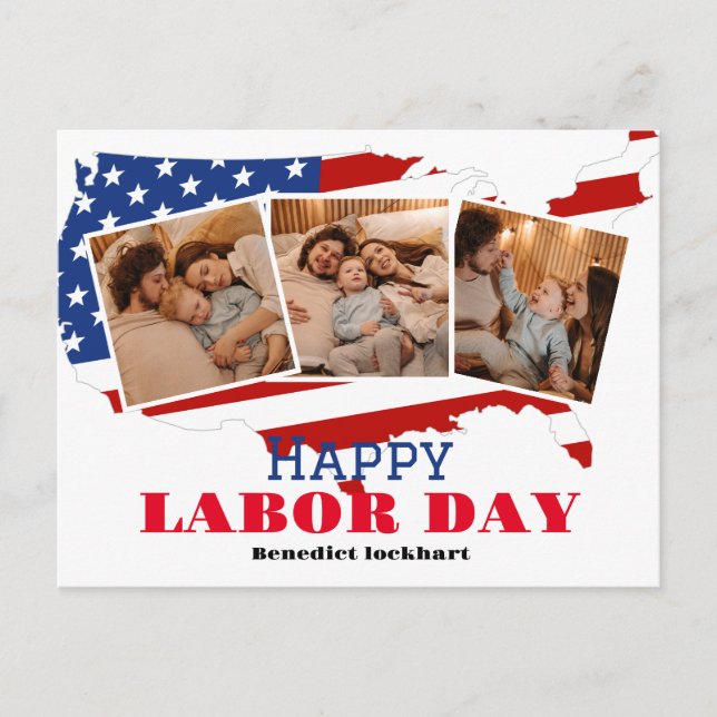 3 Photo Simple Elegant Labour Day with USA flag Postcard (Front)