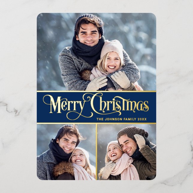3 PHOTO Simply Elegant Sparkle Christmas Gold Foil Holiday Card (Front)