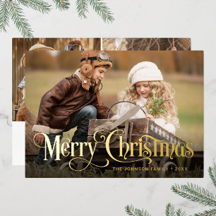 3 PHOTO Simply Elegant Sparkle Christmas Gold Foil Holiday Card