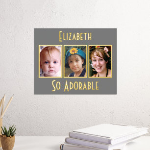 3 photo so adorable add name grey gold foil prints