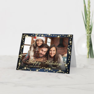 3 PHOTO Sparkle Christmas Lights Rustic Greeting Holiday Card