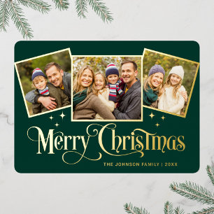 3 PHOTO Sparkle Merry Christmas Greeting Gold Foil Holiday Card