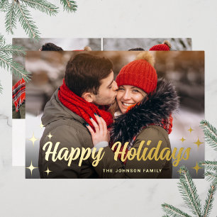 3 PHOTO Sparkle Merry Christmas Greeting Gold Foil Holiday Card