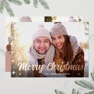 3 PHOTO Sparkle Merry Christmas Greeting Rose Gold Foil Holiday Card