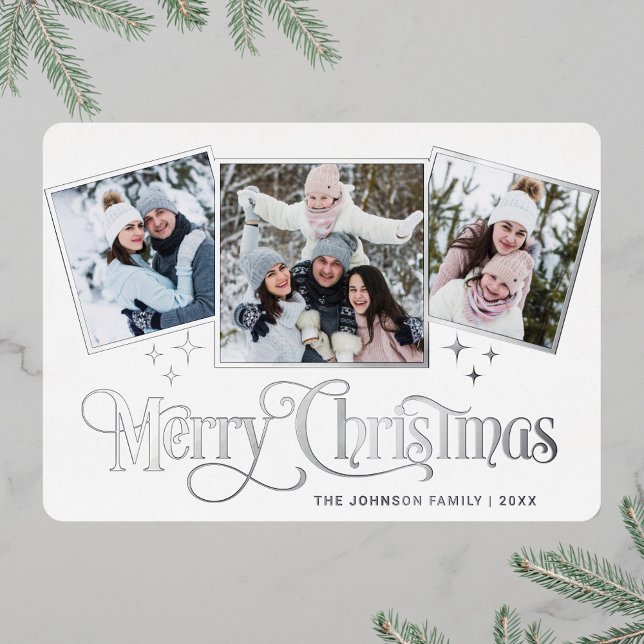 3 PHOTO Sparkle Merry Christmas Greeting Silver Foil Holiday Card (Creator Uploaded)