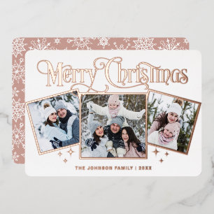 3 PHOTO Sparkle Merry Christmas Rose Gold Foil Holiday Card