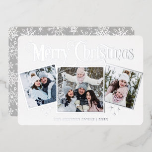 3 PHOTO Sparkle Merry Christmas Silver Foil Holiday Card