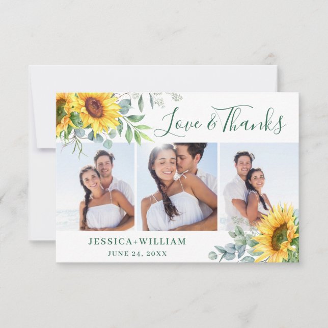 3 PHOTO Sunflowers Eucalyptus Rustic Wedding Thank You Card (Front)