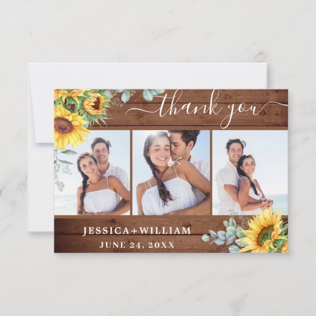 3 PHOTO Sunflowers Eucalyptus Wedding Rustic Thank You Card (Front)