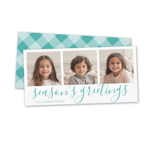 3 Photo - Teal Calligraphy Plaid Seasons Greeting Holiday Card