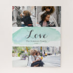 3 Photo Turquoise Watercolor Jigsaw Puzzle<br><div class="desc">Elegant watercolor design that can be personalized with your text and 3 photos.</div>