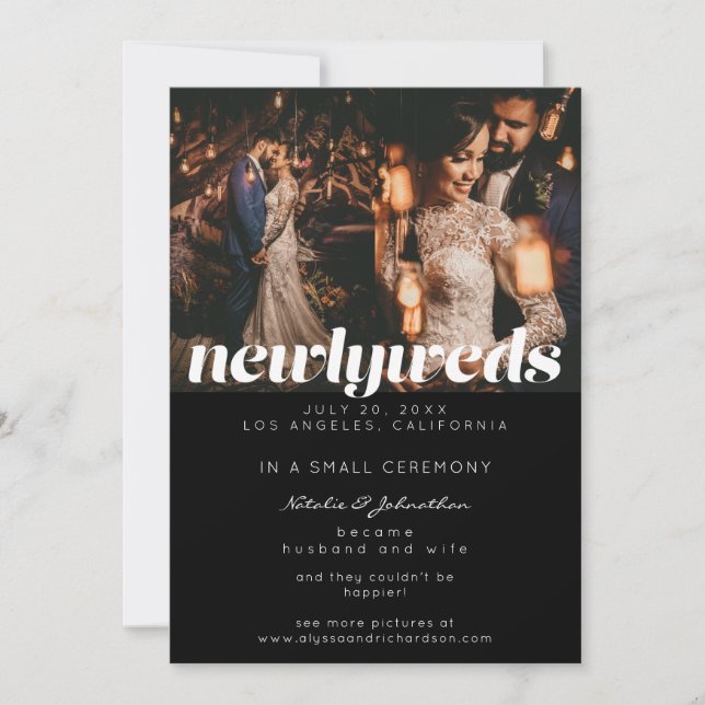 3 Photo Typography Newlyweds Announcement Black (Front)