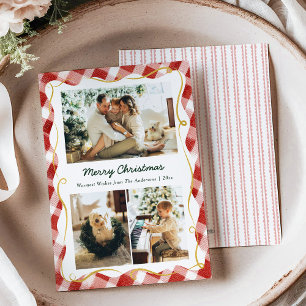3 Photo Vintage Christmas Red Gingham Pattern Holiday Card