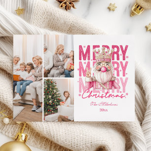 3 Photo Vintage Pink Nutcracker Christmas  Holiday Card