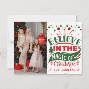 3 photos believe in Christmas magic family red Holiday Card