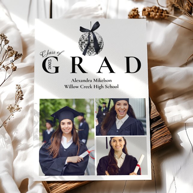 3 Photos Black Bow  Disco Ball Graduation Party  Announcement (Creator Uploaded)