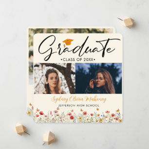 3 photos Boho watercolor wildflower Graduation Announcement