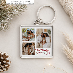 3 Photos Collage First Christmas as Parents Keychain